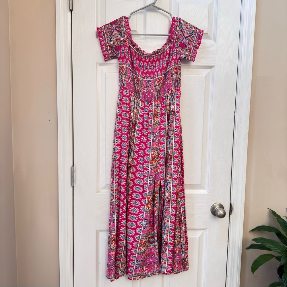 Boho Pink Floral Maxi Dress with Embroidered Bodice
